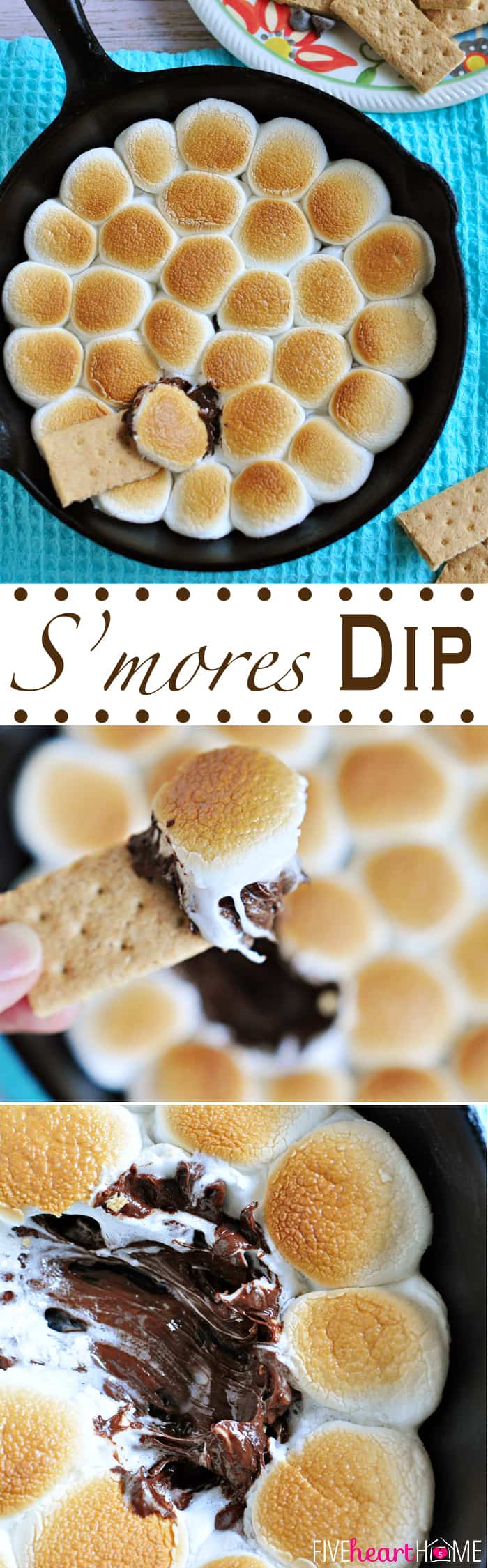 S'mores Dip ~ melted chocolate and toasty marshmallows bake up in a skillet; scoop up with graham crackers for a perfect party dessert! | FiveHeartHome.com