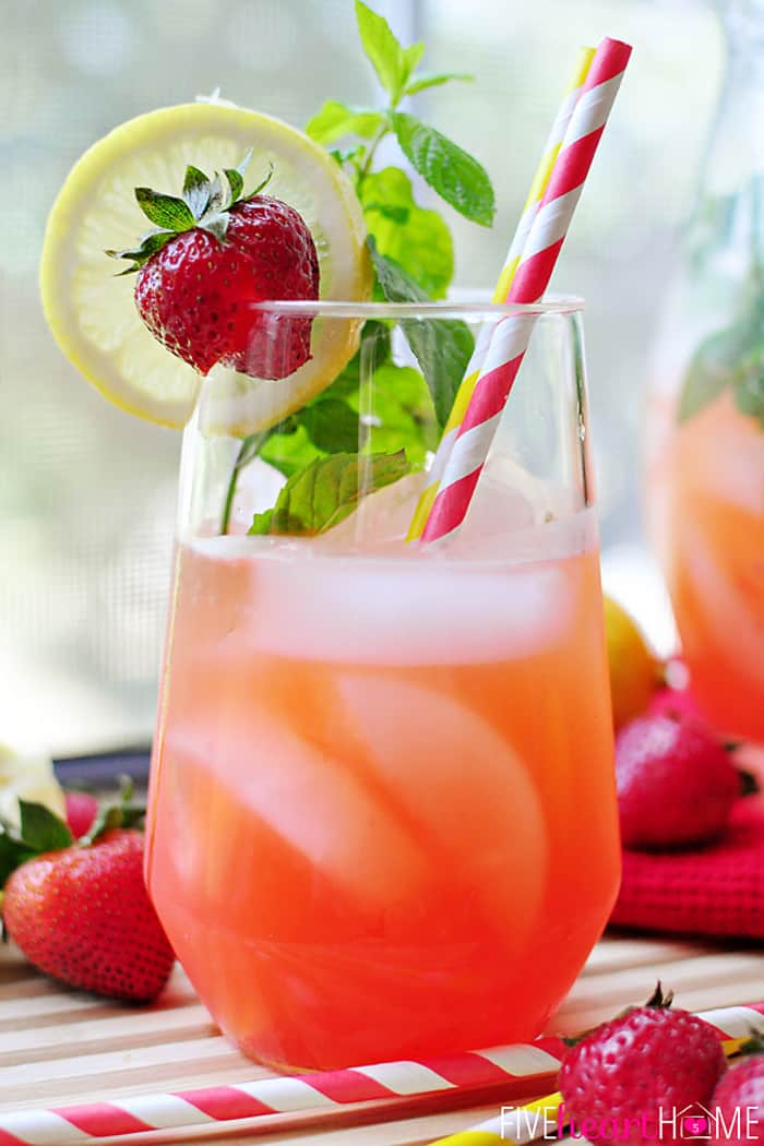 Strawberry Lemonade Mojitos {or} Faux-jitos in a Glass with Ice and Striped Red Straw 