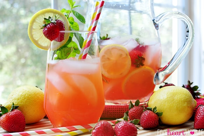 Strawberry Lemonade Mojitos {or} Faux-jitos in Frosty Glass and Pitcher