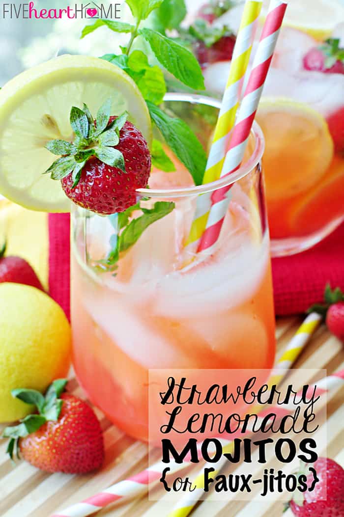 Strawberry Lemonade Mojitos {or} Faux-jitos ~ with fresh strawberries, lemon juice, and mint simple syrup; replace the rum with seltzer for non-alcoholic spritzer | FiveHeartHome.com via @fivehearthome