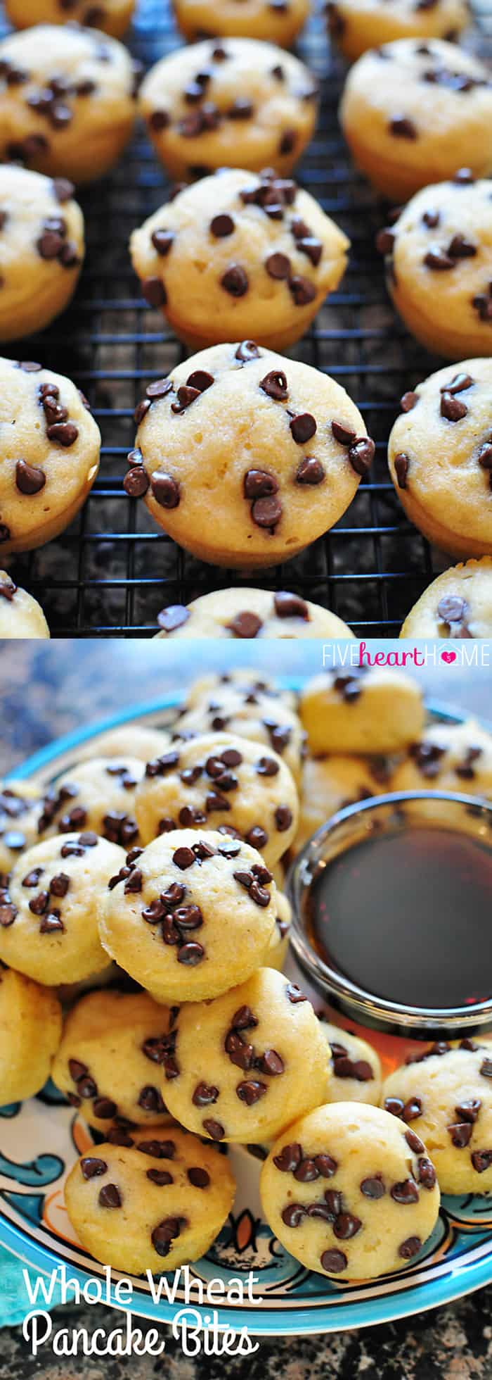 Whole Wheat Pancake Bites, AKA Pancake Mini Muffins ~ a fun-to-eat breakfast that can be topped with chocolate chips, berries, diced bananas, nuts, etc. | FiveHeartHome.com via @fivehearthome