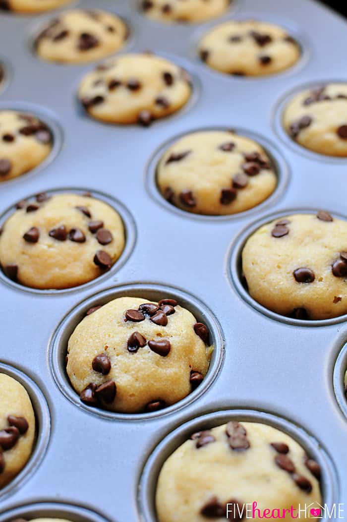 Whole Wheat Pancake Bites, AKA Pancake Mini Muffins ~ a fun-to-eat breakfast that can be topped with chocolate chips, berries, diced bananas, nuts, etc. | FiveHeartHome.com Pancake Bites in mini muffin pan.