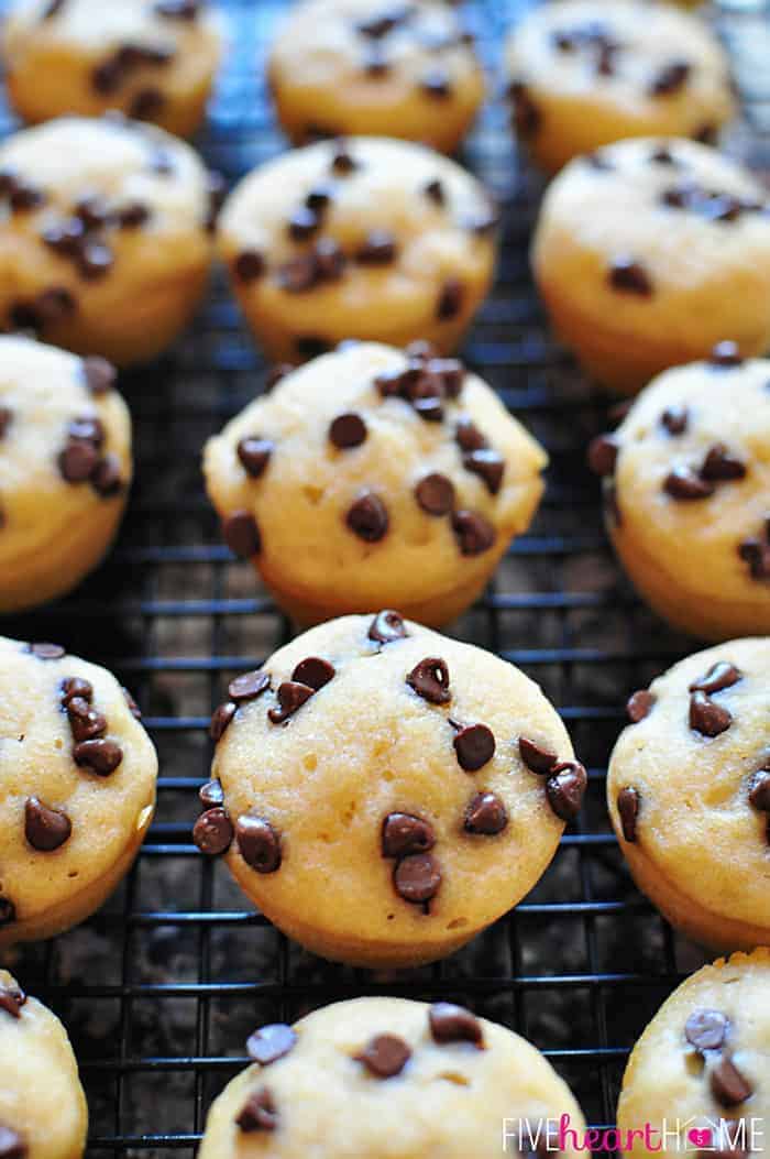 Pancake Bites with mini chocolate chips on cooling rack.