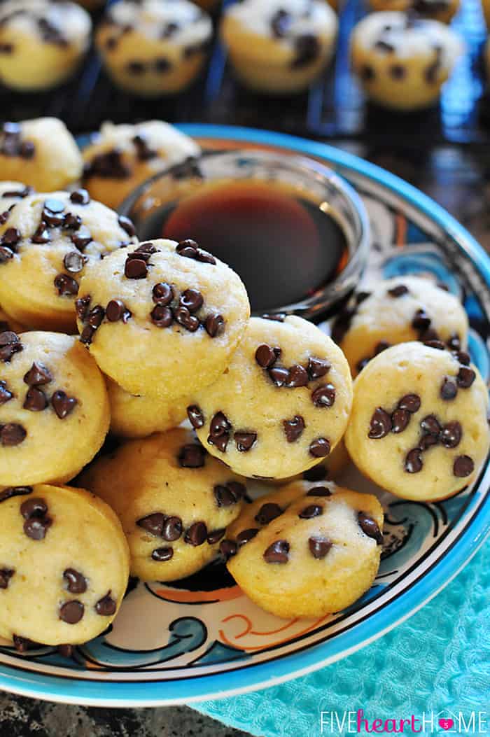 Pancake Bites with mini chocolate chips piled on serving platter.