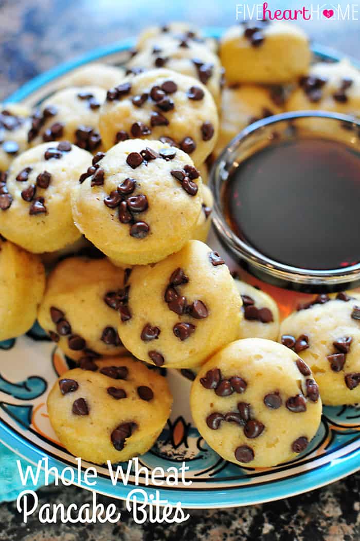 Whole Wheat Pancake Bites, AKA Pancake Mini Muffins ~ a fun-to-eat breakfast that can be topped with chocolate chips, berries, diced bananas, nuts, etc. | FiveHeartHome.com