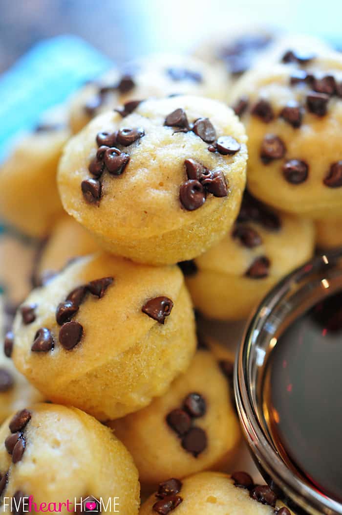 Whole Wheat Pancake Bites, AKA Pancake Mini Muffins ~ a fun-to-eat breakfast that can be topped with chocolate chips, berries, diced bananas, nuts, etc. | FiveHeartHome.com Close-up.