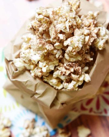 Brown Butter Cinnamon Sugar Popcorn ~ takes 5 minutes to make, tastes like a Snickerdoodle! | FiveHeartHome.com