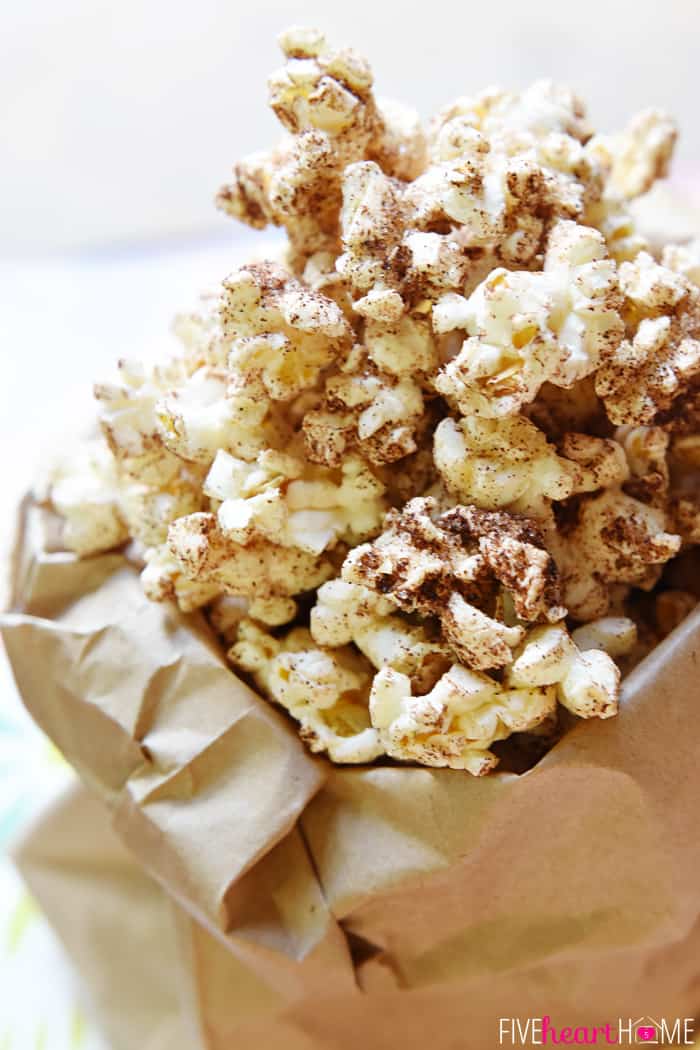 Close-Up of Brown Butter Cinnamon Sugar Popcorn in a Paper Bag 