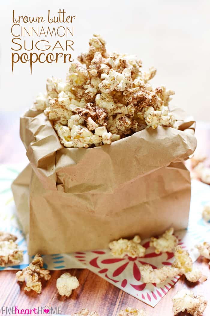 Brown Butter Cinnamon Sugar Popcorn ~ takes 5 minutes to make, tastes like a Snickerdoodle! | FiveHeartHome.com