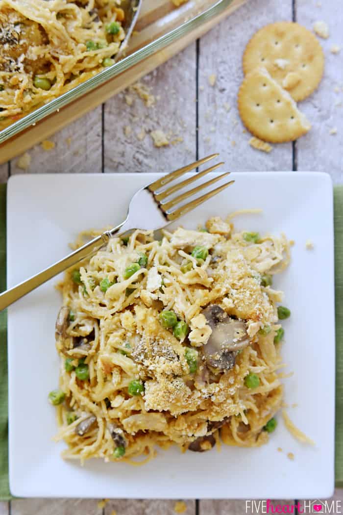 Aerial view of Cheesy Chicken Spaghetti topped with cracker crumbs.