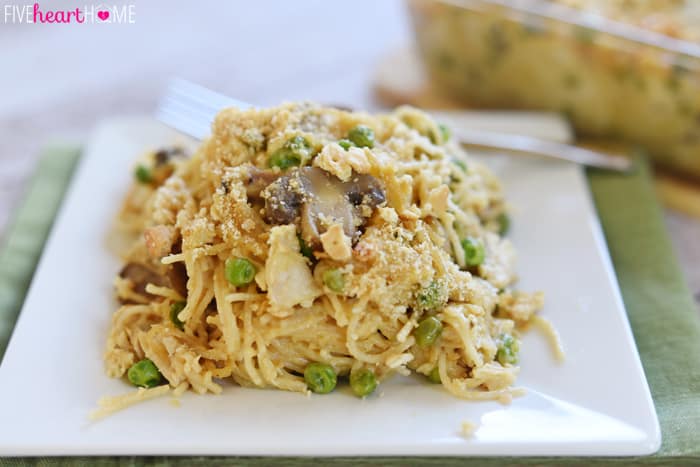 Cheesy Chicken Spaghetti on square white plate.