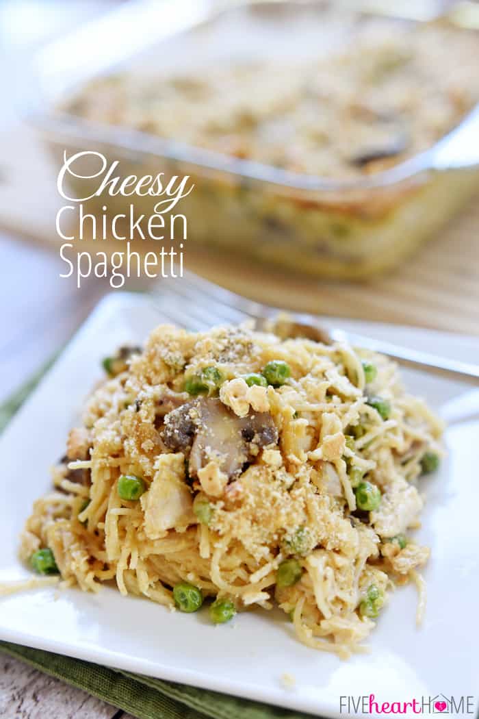 Cheesy Chicken Spaghetti ~ features shredded chicken, your favorite veggies, and a simple homemade cheese sauce (instead of Velveeta and canned soup) | FiveHeartHome.com via @fivehearthome