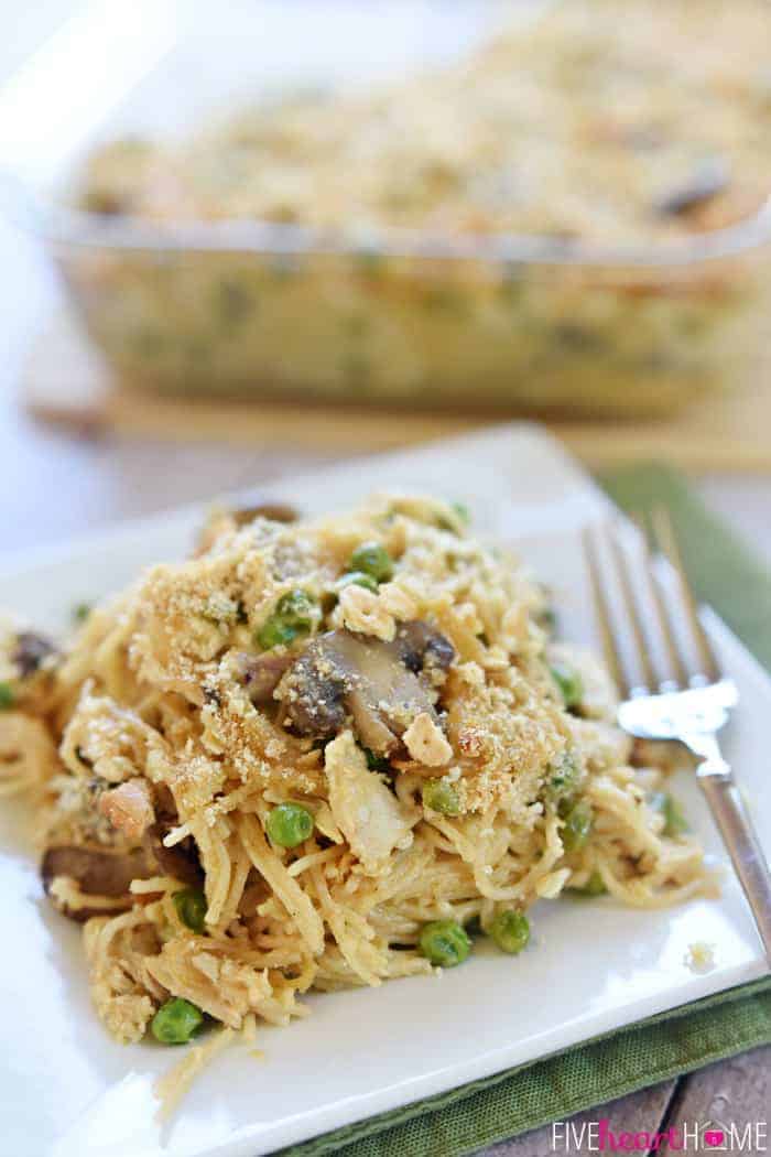 Cheesy Chicken Spaghetti ~ features shredded chicken, your favorite veggies, and a simple homemade cheese sauce (instead of Velveeta and canned soup) | FiveHeartHome.com