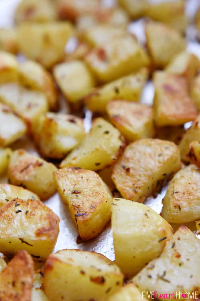 Close-Up of Garlic and Herb Roasted Potatoes Golden Brown and Fresh from the Oven 