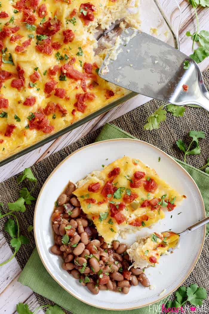 Aerial view of King Ranch Chicken Casserole in baking dish and on plate.