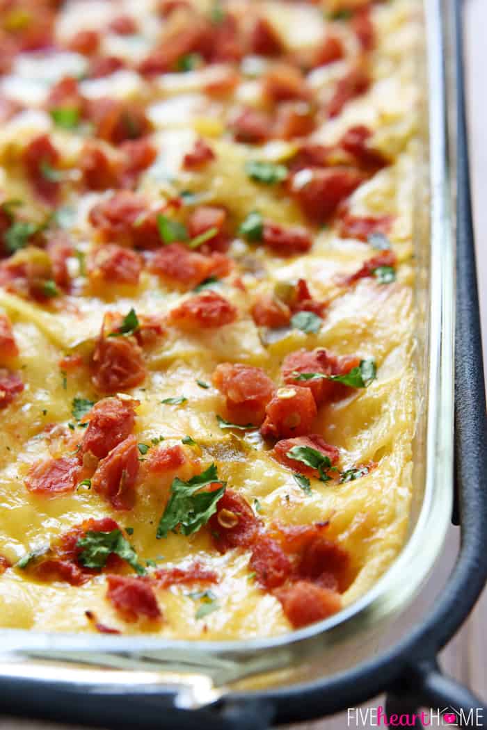 Close-up of King Ranch Chicken Casserole in baking dish.