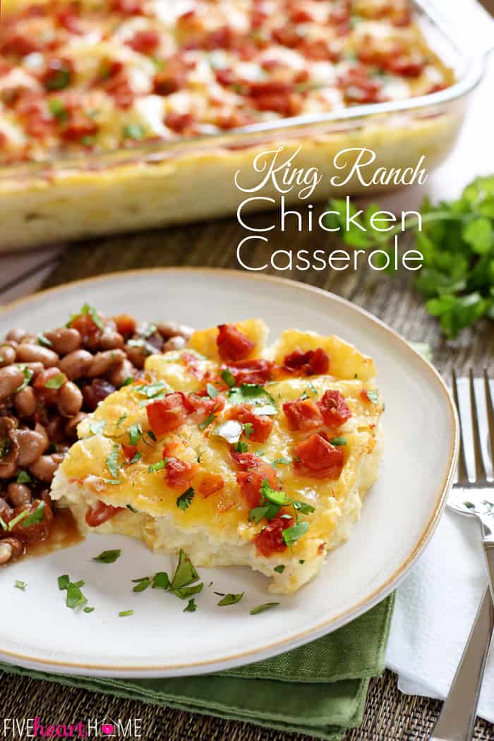 King Ranch Chicken Casserole on plate and in dish with text overlay