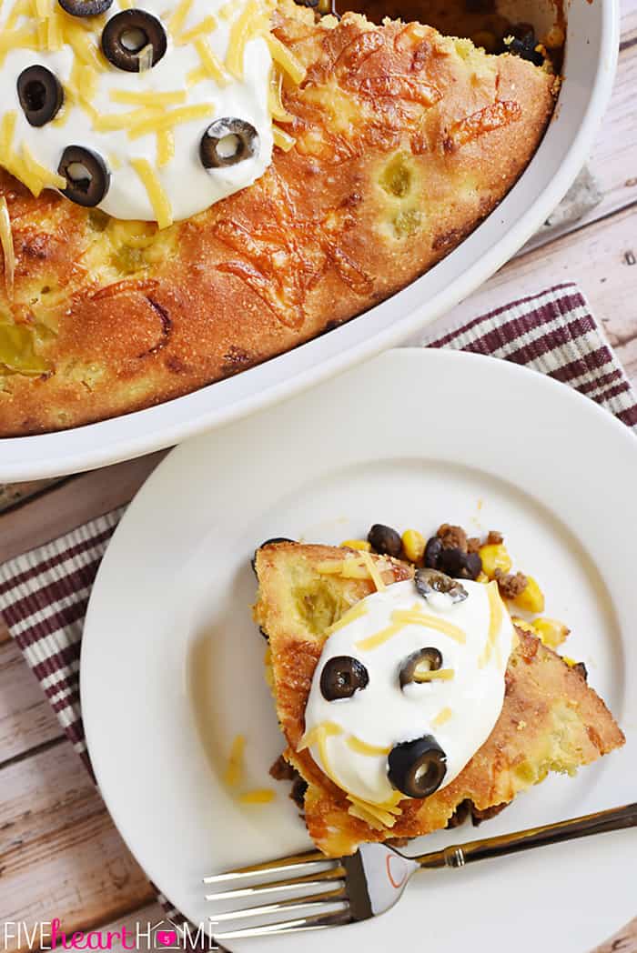 Aerial view of Mexican Cornbread Casserole in baking dish plus serving on a plate.