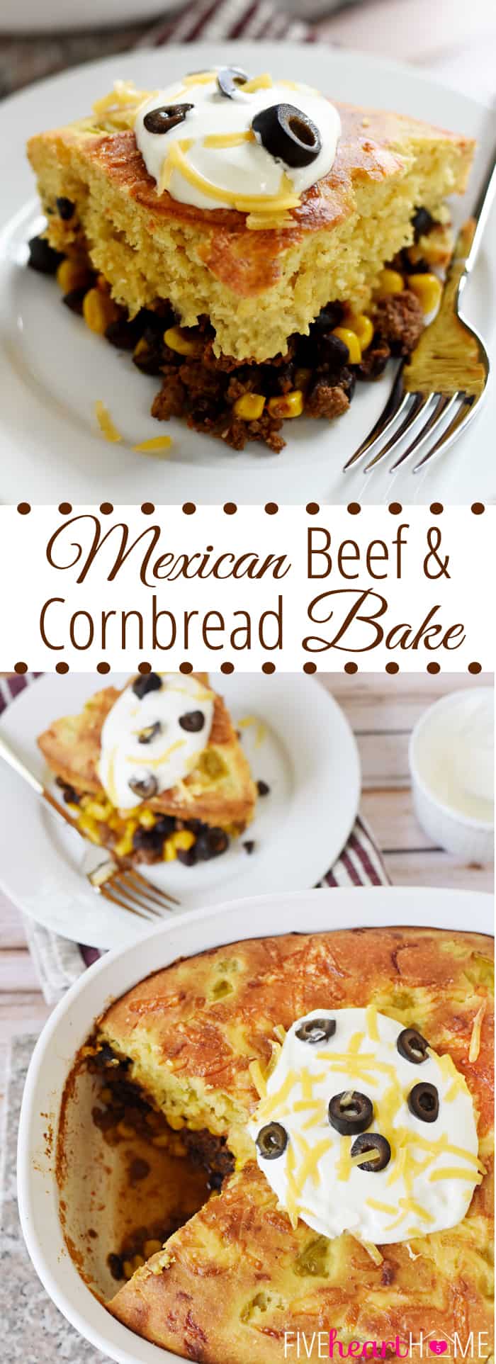Mexican Cornbread Casserole ~ taco-seasoned beef, black beans, and corn are topped with green chile cheddar cornbread in this quick, easy meal! | FiveHeartHome.com via @fivehearthome