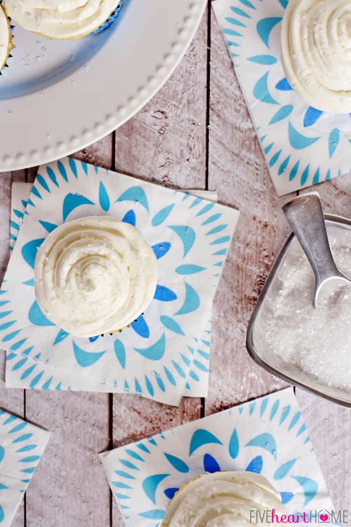 Aerial View of Fluffy, Homemade, One-Bowl Vanilla Cupcakes 