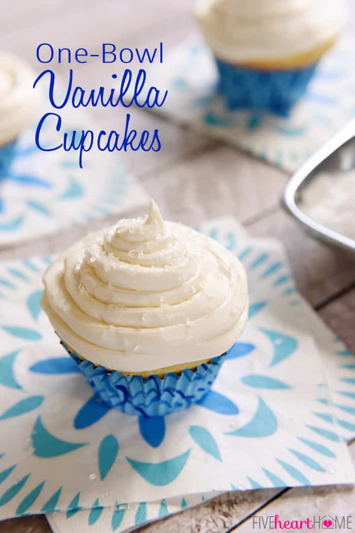 Fluffy, Homemade, One-Bowl Vanilla Cupcakes ~ the perfect medium for your favorite frosting, including this creamy, not-too-sweet, cooked buttercream | FiveHeartHome.com via @fivehearthome