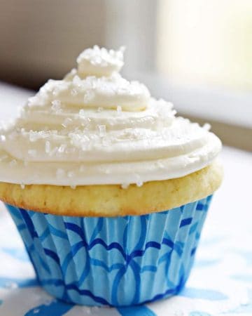 Fluffy, Homemade, One-Bowl Vanilla Cupcakes ~ the perfect medium for your favorite frosting, including this creamy, not-too-sweet, cooked buttercream | FiveHeartHome.com