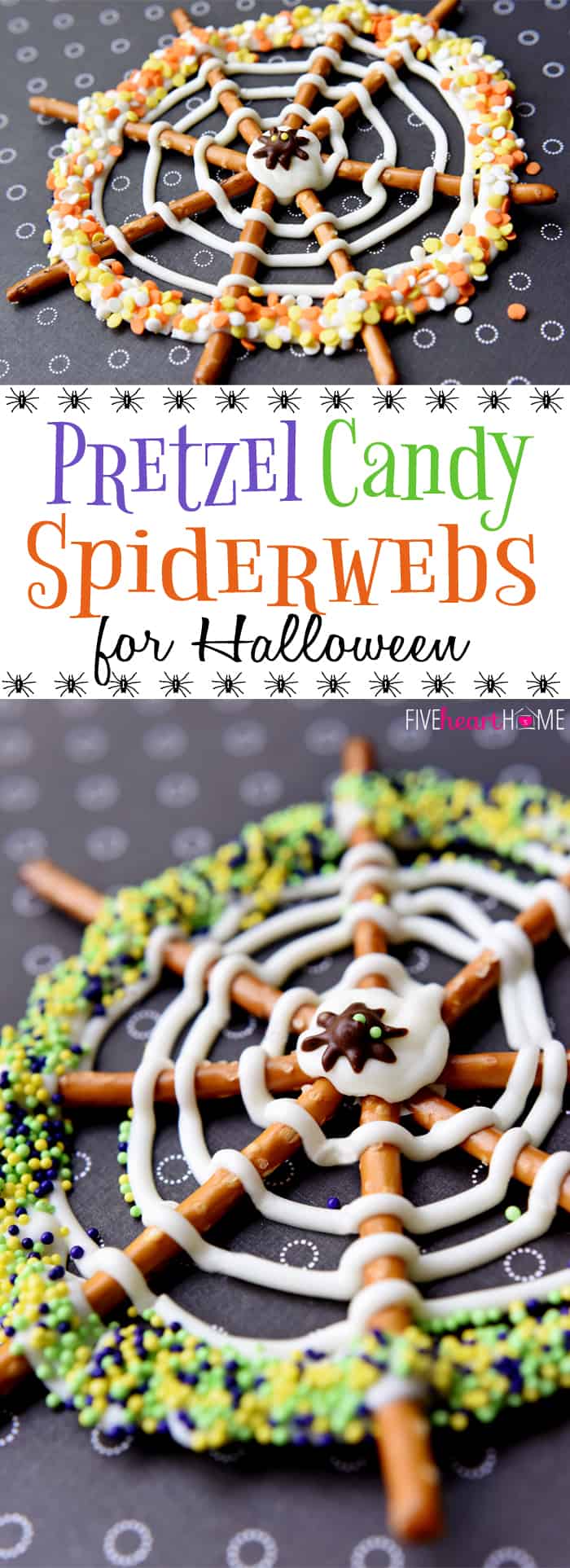 Candy Spiderwebs ~ the perfect Halloween Pretzel Treats...festive, sweet & salty, and fun to make with the kids or serve at a party! | FiveHeartHome.com via @fivehearthome