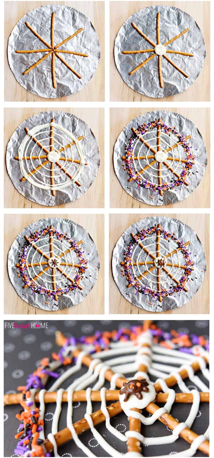 Step-by-step photo collage showing how to make Pretzel Candy Spiderwebs