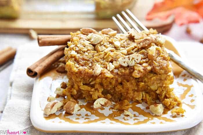 Pumpkin Baked Oatmeal with Maple and Pecans / Dairy-Free ~ warm, filling, wholesome breakfast that can be made ahead and reheated! | FiveHeartHome.com