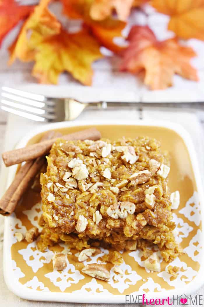 Healthy & Dairy Free Pumpkin Baked Oatmeal with Maple and Pecans on Square Decorative Plate 