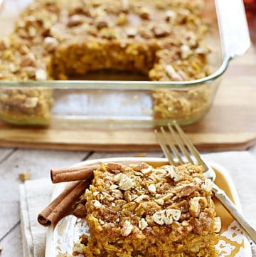 Pumpkin Baked Oatmeal with Maple Syrup & Pecans