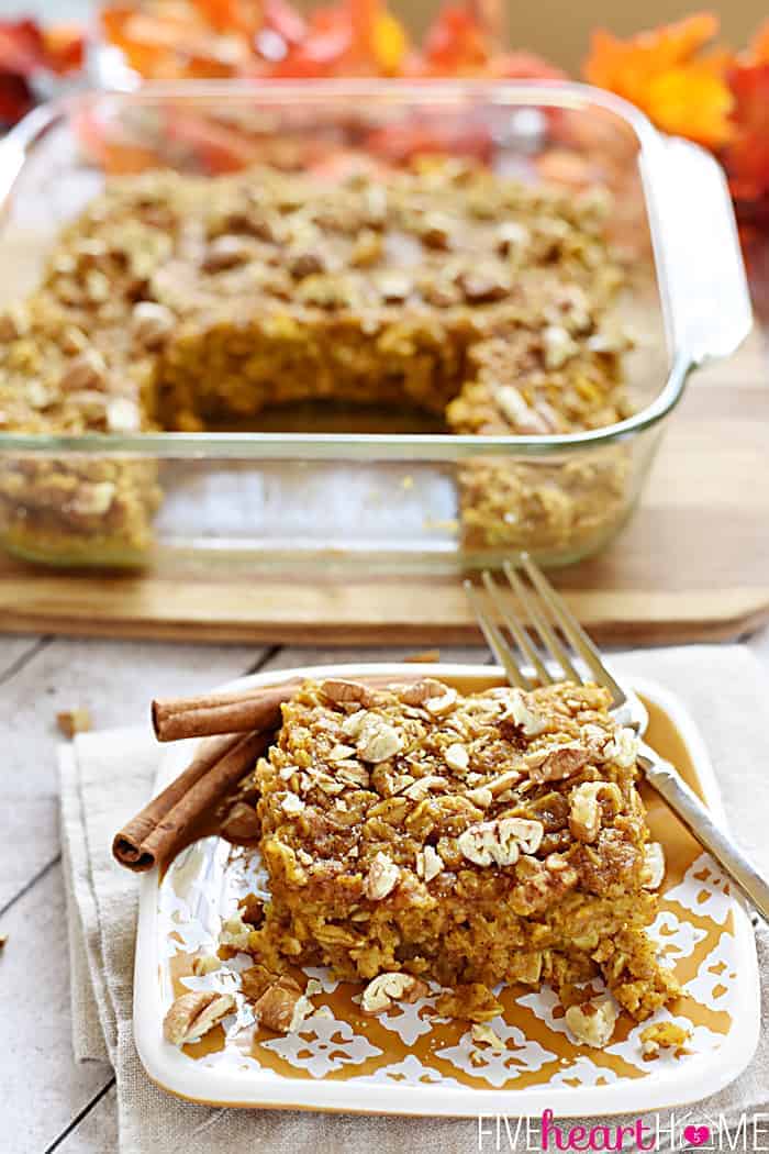 Pumpkin Baked Oatmeal with Maple and Pecans Served on a Decorative Square Plate on a Linen Napkin 
