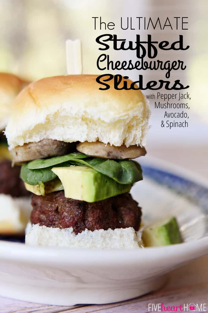 The ULTIMATE Cheeseburger Sliders ~ burger stuffed with pepper jack cheese and topped with mushrooms, avocado, and baby spinach on a Hawaiian roll | FiveHeartHome.com via @fivehearthome