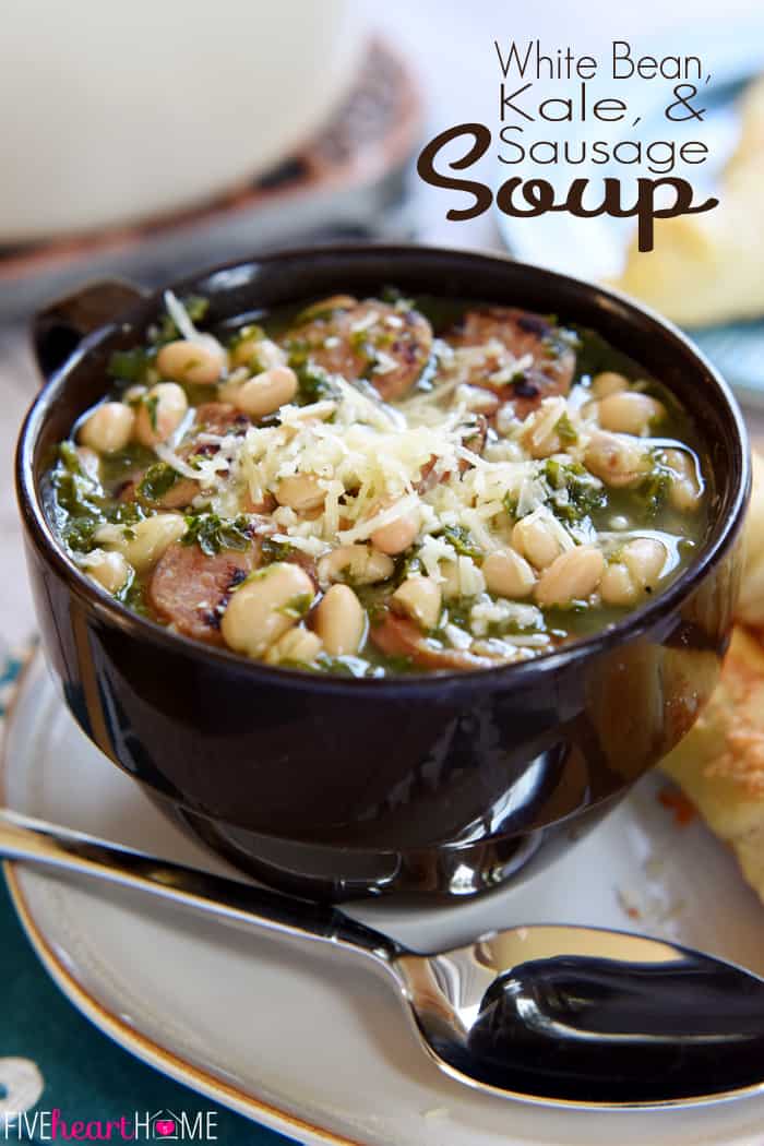 White Bean, Kale, & Sausage Soup ~ a cozy, filling soup that's packed with nutrients and comes together in under 30 minutes! | FiveHeartHome.com via @fivehearthome