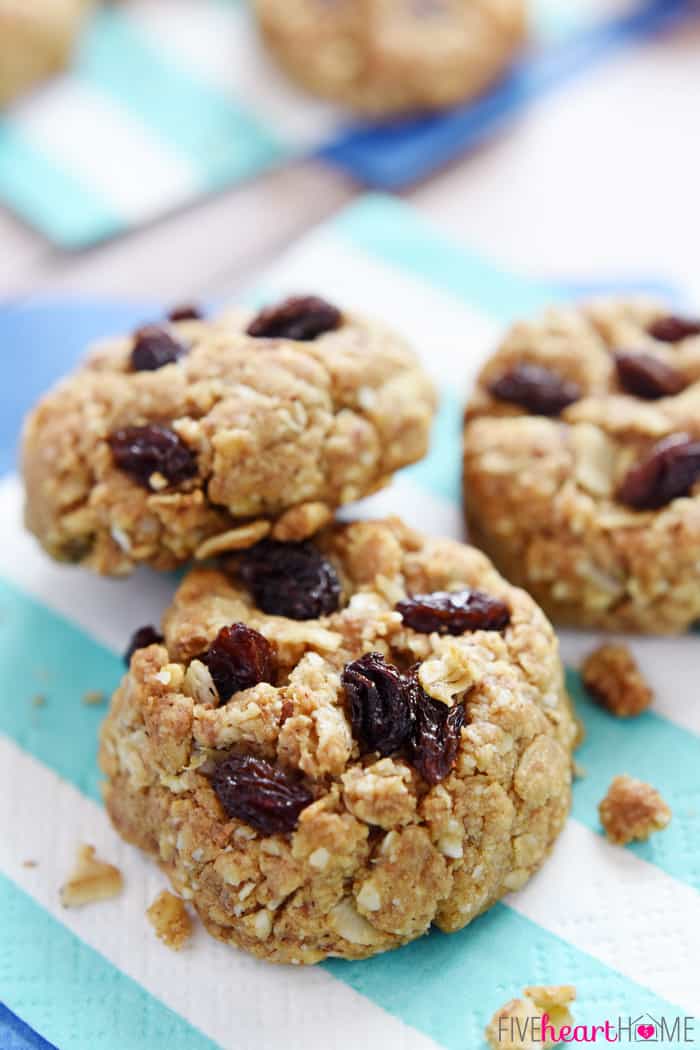 Close-up of Breakfast Cookies studded with oats and dried cranberries.