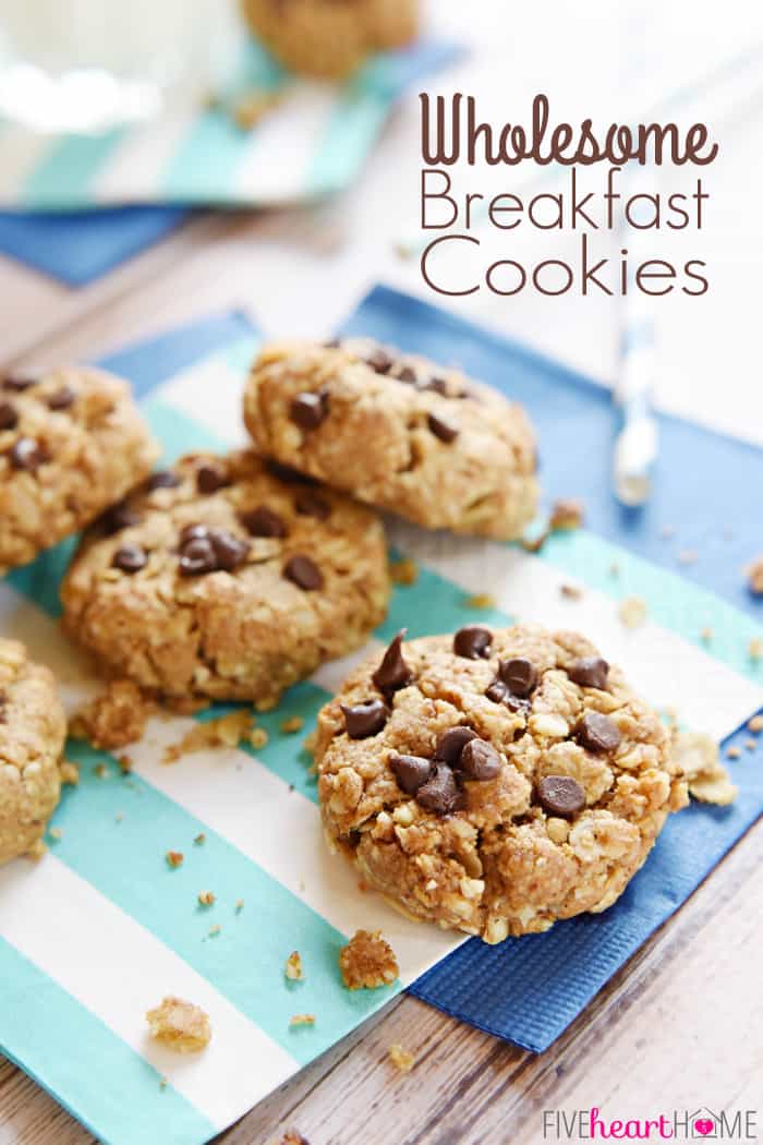 Wholesome Breakfast Cookies ~ packed with oats, nuts, whole wheat flour, coconut oil, and lightly sweetened with honey...perfect for breakfast-on-the-go or an anytime snack! | FiveHeartHome.com via @fivehearthome
