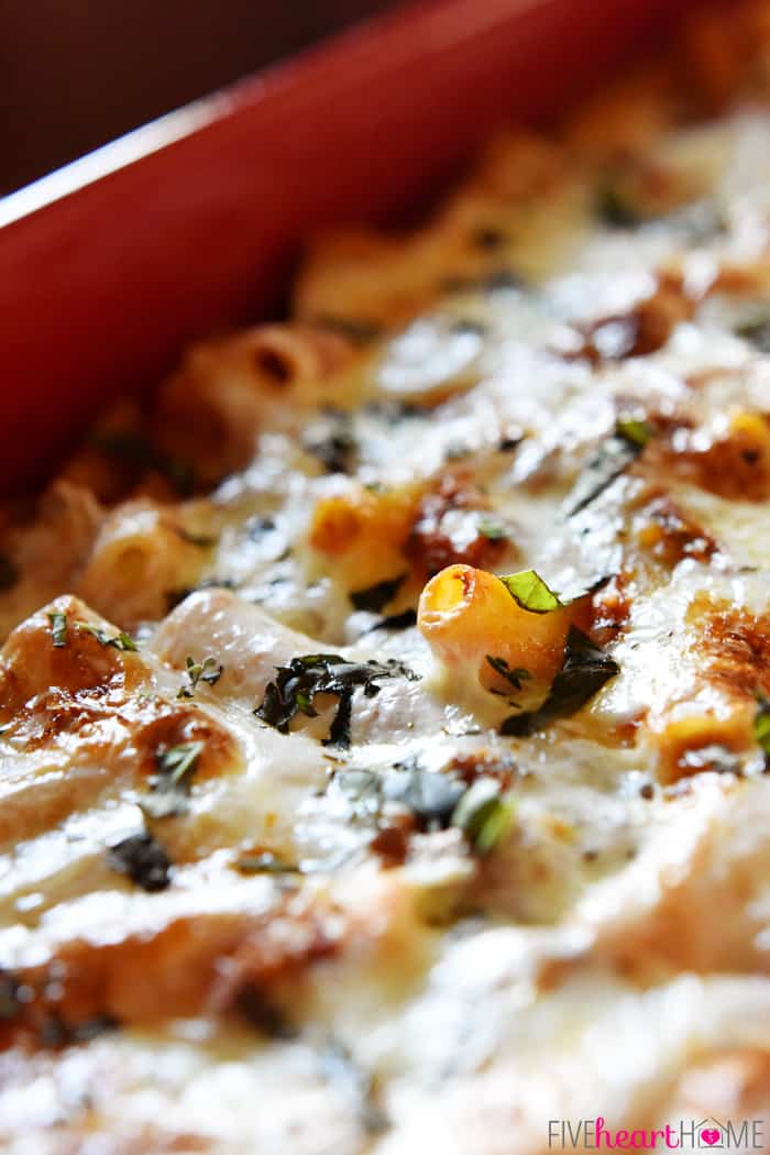 Baked Ziti ~ easy to make and oozing with cheese, this pasta dish is comfort food perfection! | FiveHeartHome.com Close-Up