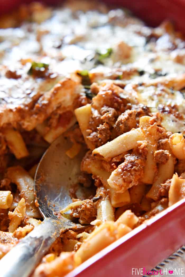 Baked Ziti ~ easy to make and oozing with cheese, this pasta dish is comfort food perfection! | FiveHeartHome.com Close-Up of Pasta Oozing with Cheese