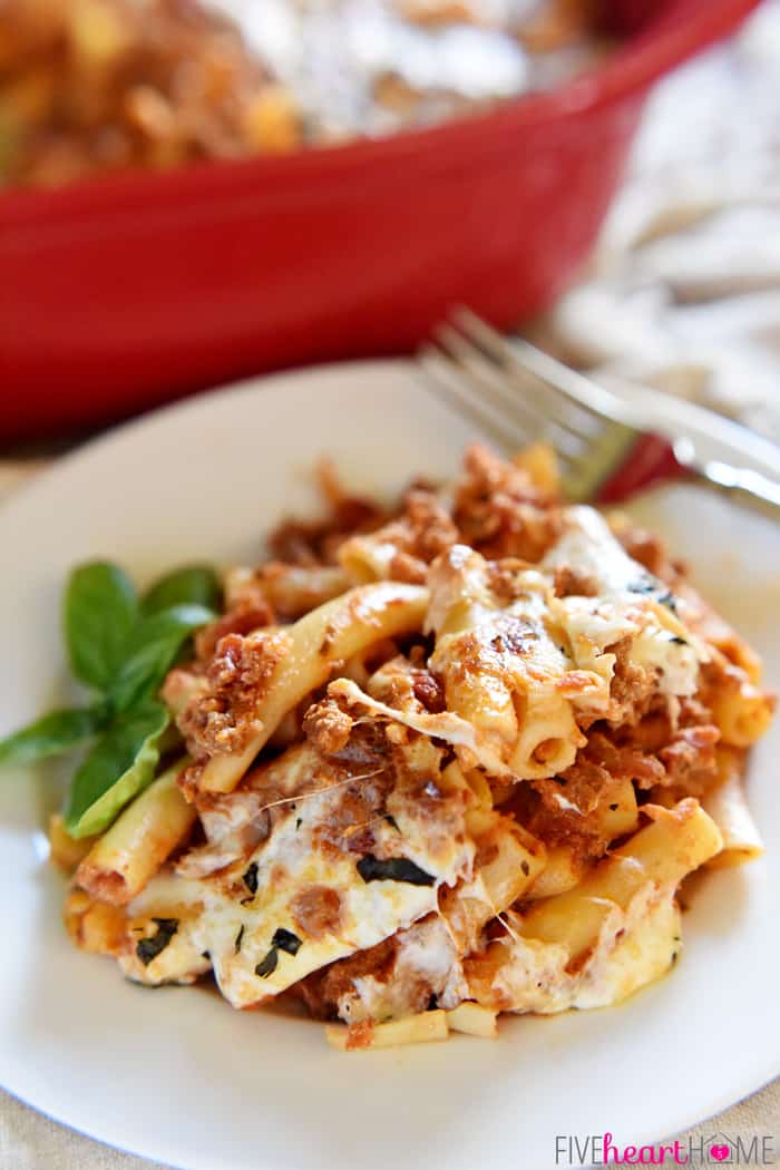 Baked Ziti on White Plate and Fork 