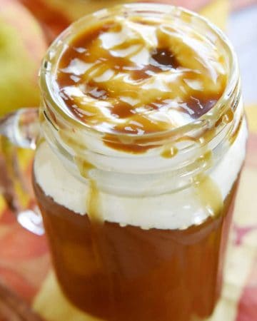 Caramel Apple Cider ~ this copycat of a Starbucks Caramel Apple Spice tastes like warm apple pie topped with vanilla ice cream...in a mug! | FiveHeartHome.com | #Starbucks #copycat #recipe #applecider