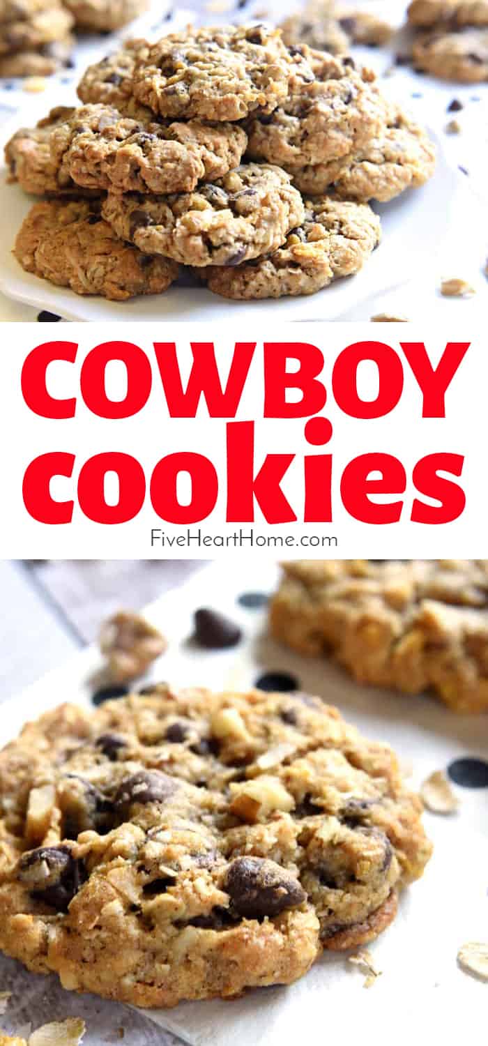 Cowboy Cookies ~ soft, chewy, and loaded with yummy ingredients, from oats and coconut to chocolate chips and pecans! | FiveHeartHome.com via @fivehearthome