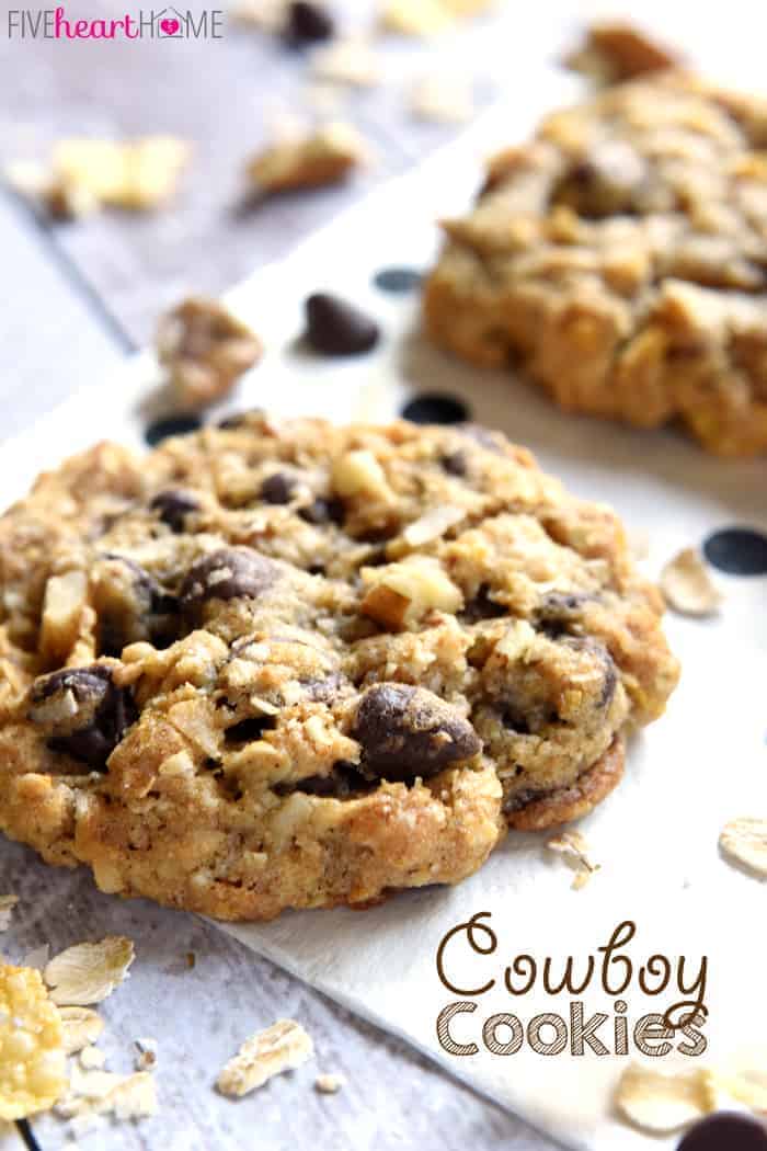 Cowboy Cookies are soft, chewy, and totally addictive, loaded with a variety of flavors and textures -- from oats and coconut to chocolate chips and pecans! This easy cowboy cookies recipe will become a new favorite! | FiveHeartHome.com via @fivehearthome