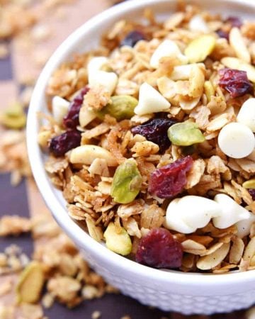 Close-up of Gingerbread Granola with Cranberries, Pistachios, and White Chocolate Chips.