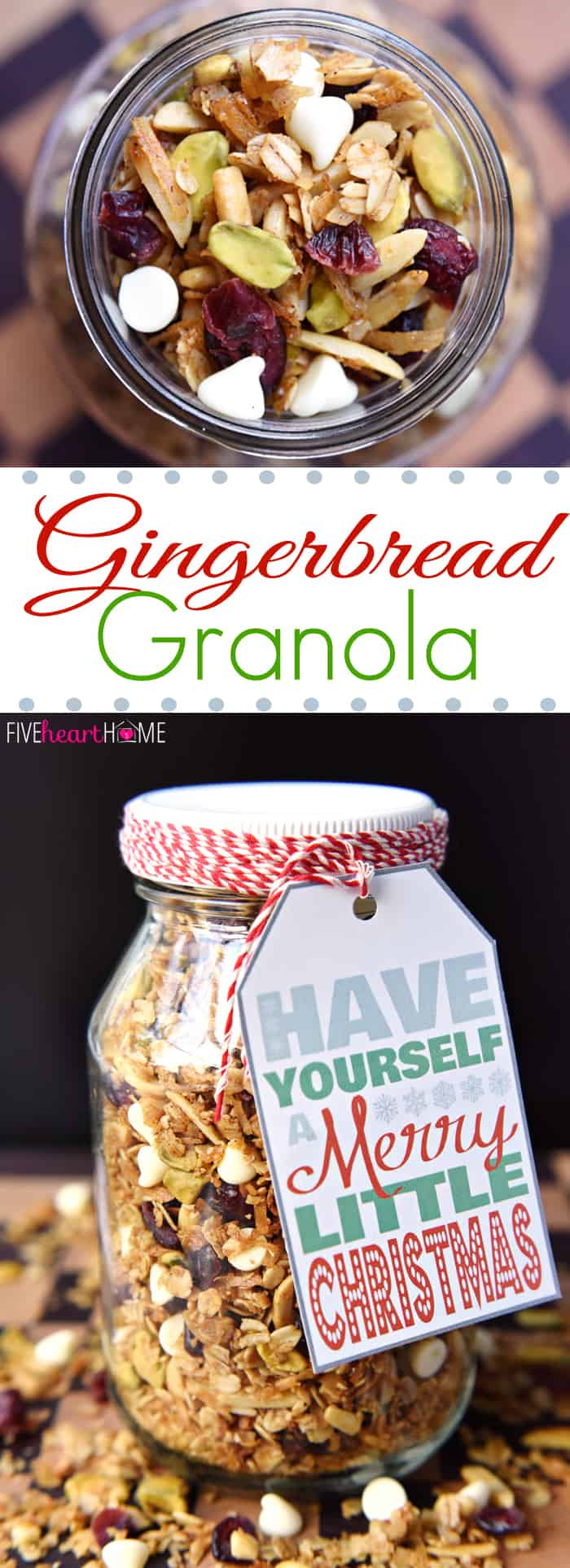 Gingerbread Granola with Cranberries, Pistachios, and White Chocolate Chips ~ warm spices and Christmas colors make this a perfect holiday breakfast or homemade food gift! | FiveHeartHome.com via @fivehearthome