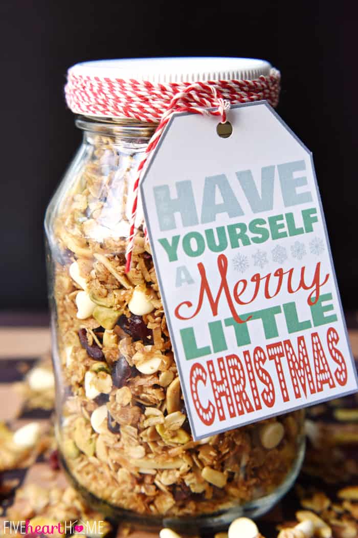 Gingerbread Granola with Cranberries, Pistachios, and White Chocolate Chips ~ warm spices and Christmas colors make this a perfect holiday breakfast or homemade food gift! | FiveHeartHome.com