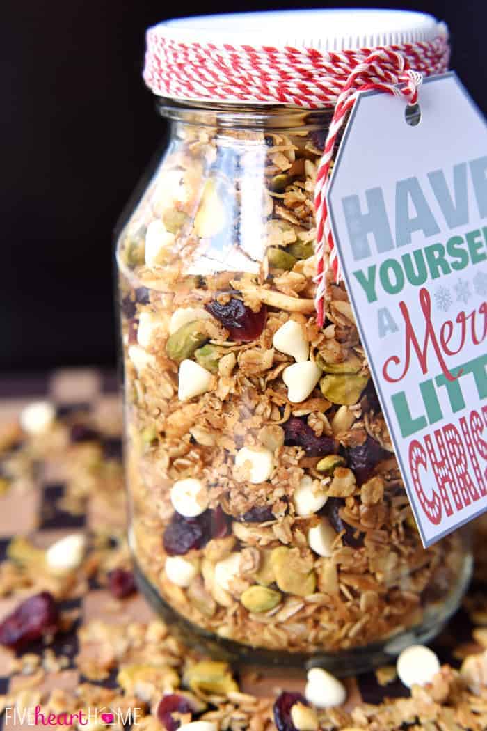 Gingerbread Granola with Cranberries, Pistachios, and White Chocolate Chips ~ warm spices and Christmas colors make this a perfect holiday breakfast or homemade food gift! | FiveHeartHome.com