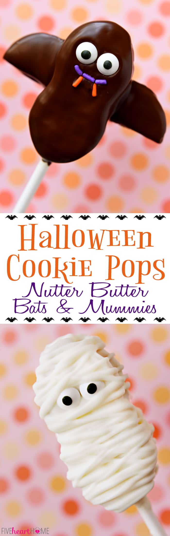 Halloween Cookie Pops: Nutter Butter Bats & Mummies ~ these cute Halloween treats start with cookies, chocolate coating, candy eyes, and sprinkles to create adorable bats and mummies! | FiveHeartHome.com