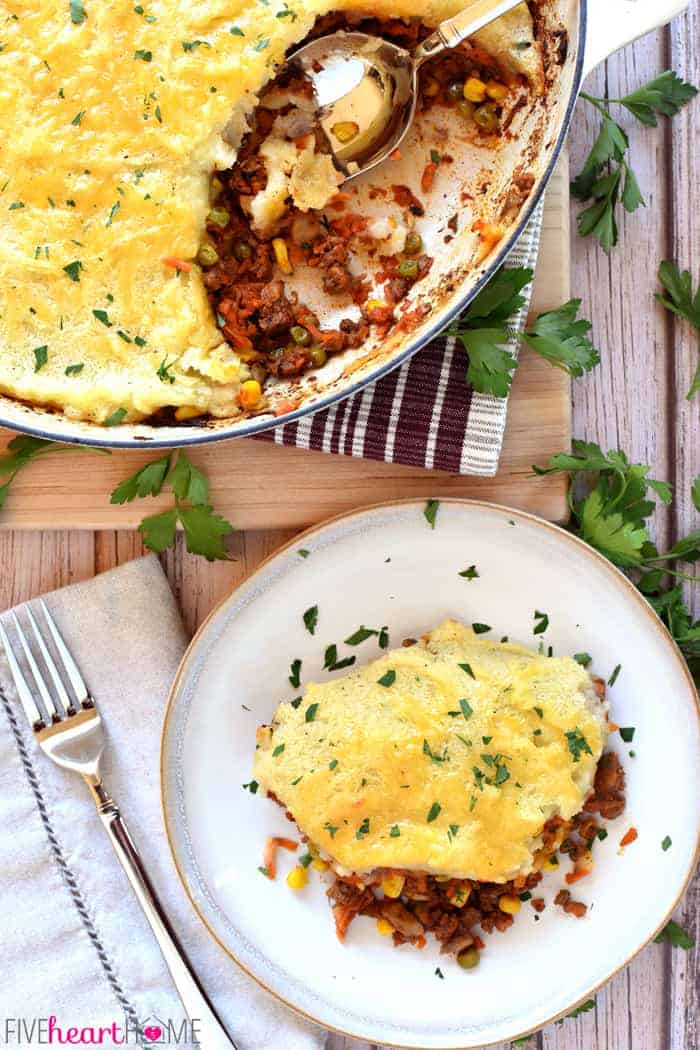 Aerial view of Easy Shepherd's Pie in skillet and on plate.