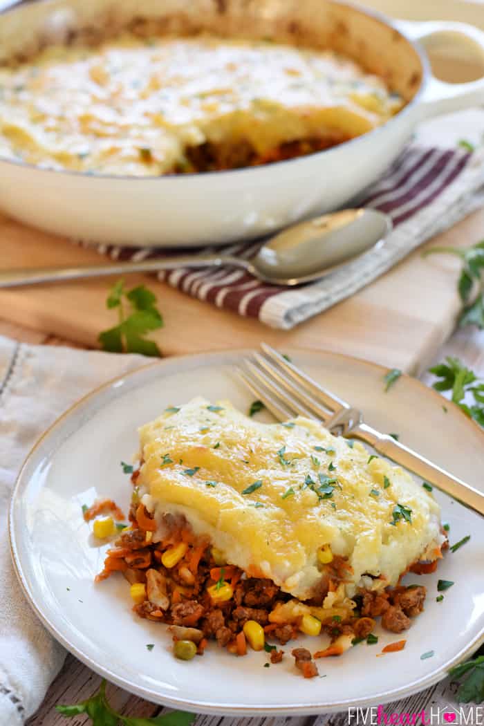 Easy Shepherd's Pie on plate with skillet in background.