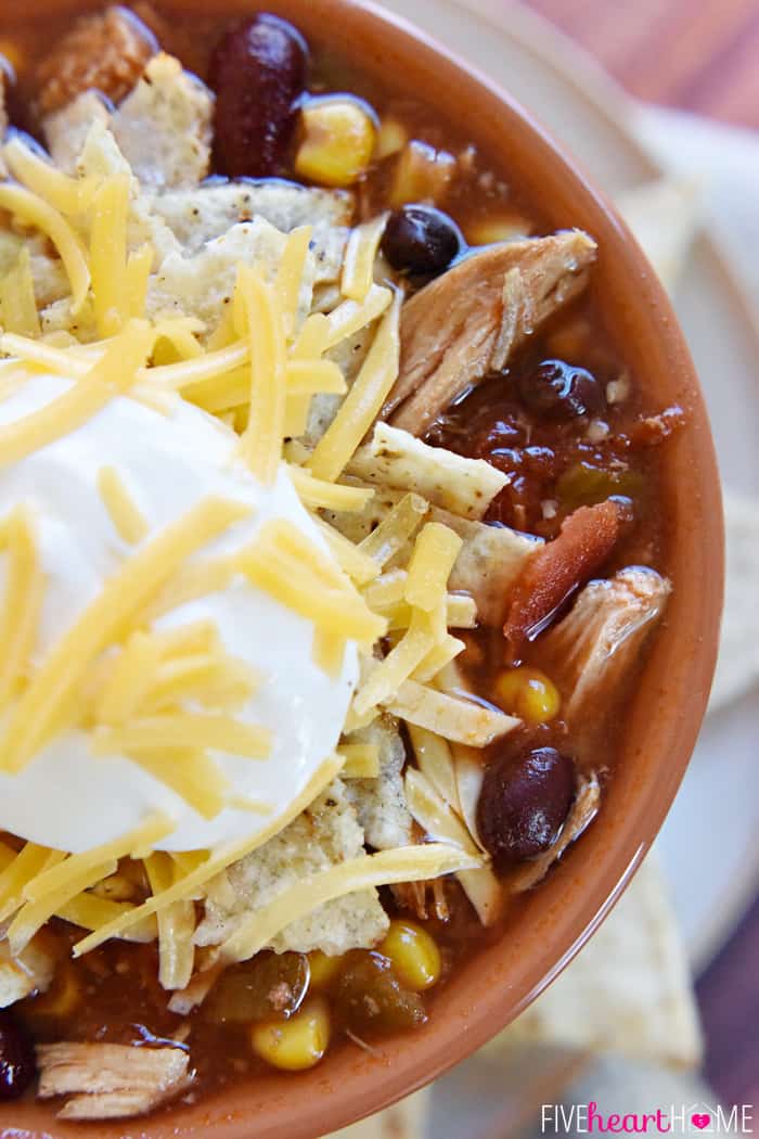 Aerial view of bowl with toppings.